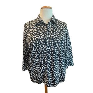 Lauren Ralph Lauren Black White Floral Button-Up Shirt 2X Plus Size Cotton F2